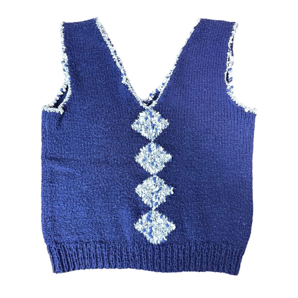 Handmade Crochet Blue Knit Sweater Vest‎ V Neck Sleeveless Women Size Small